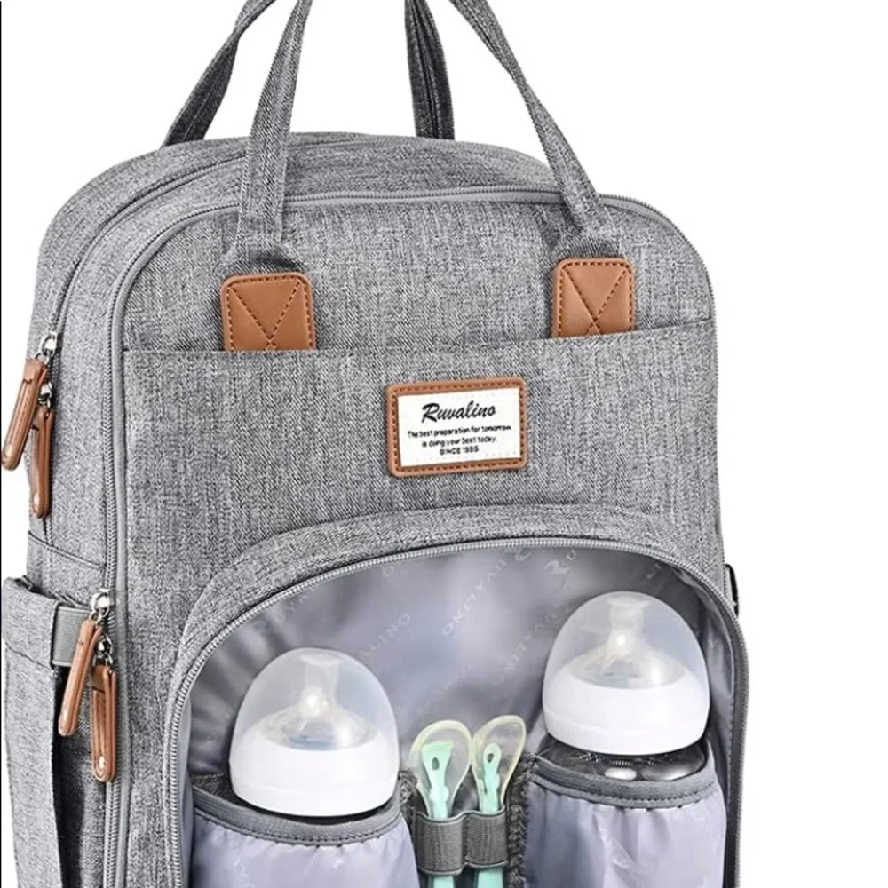 RUVALINO Gray Waterproof Multifunction Diaper Bag Backpack